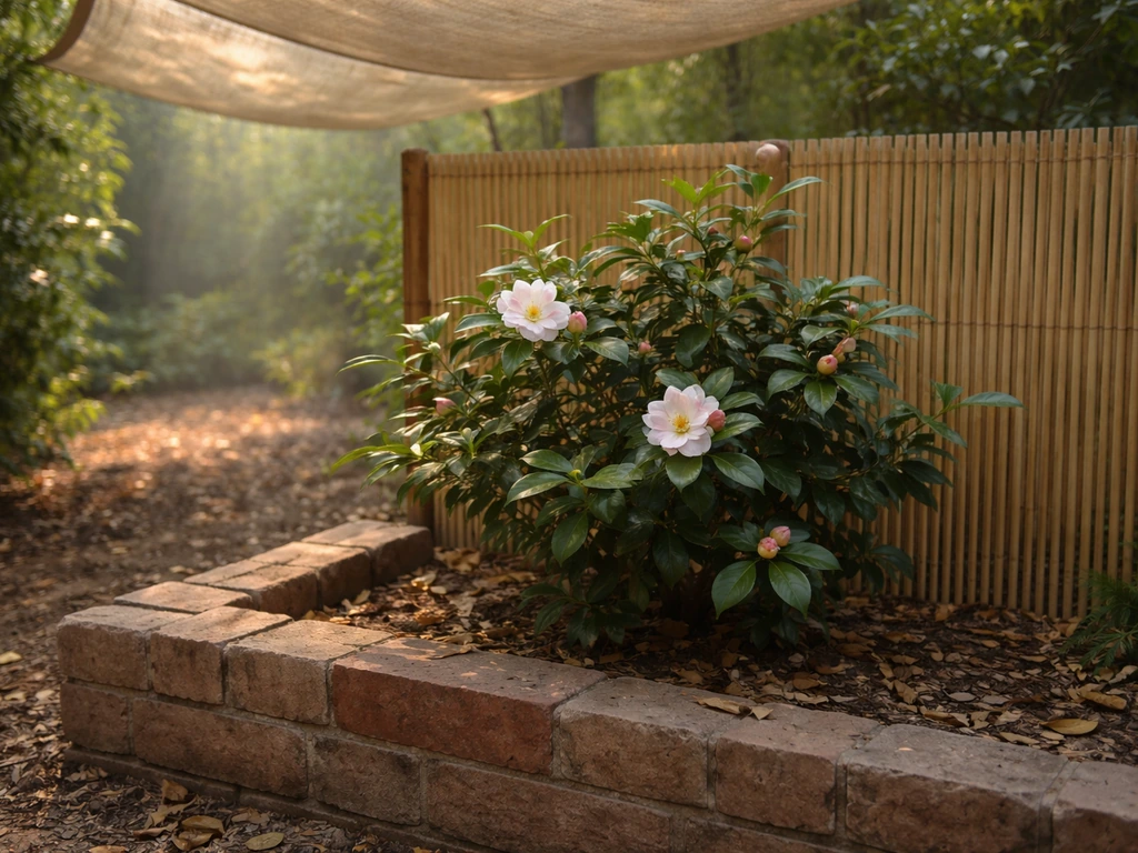 Shaded corner with camellia shrubs protected from harsh Delhi/NCR summer heat by a wall and light cover