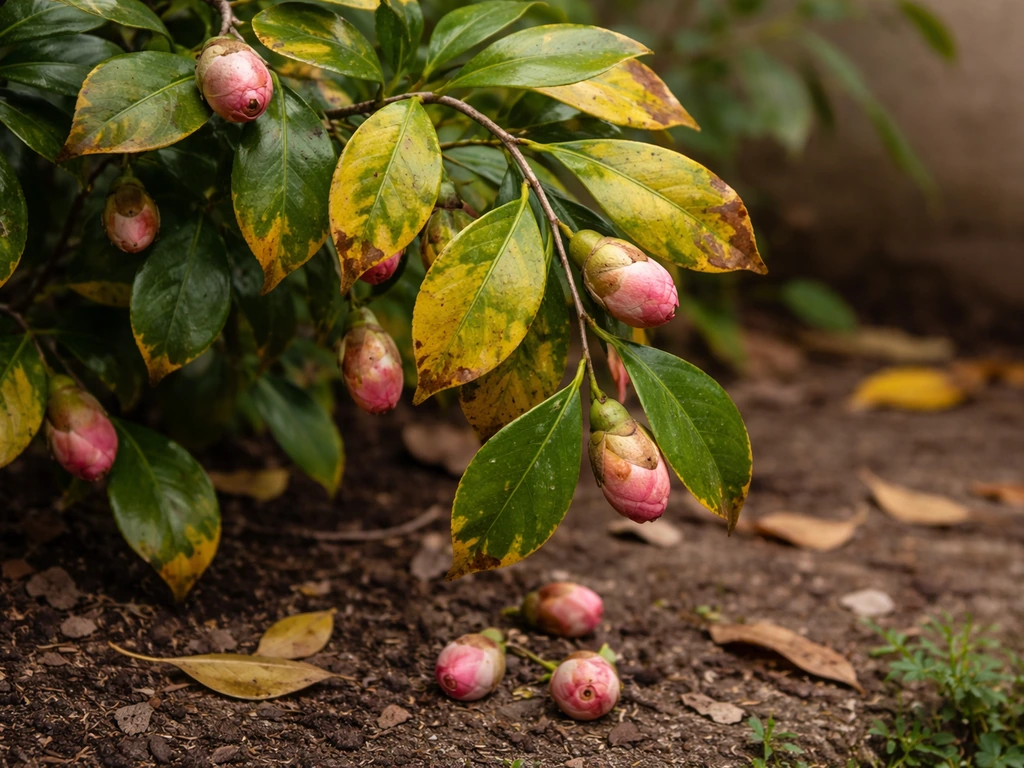 Camellia plant with buds dropping and yellowing leaves, close-up in a simple Indian garden setting