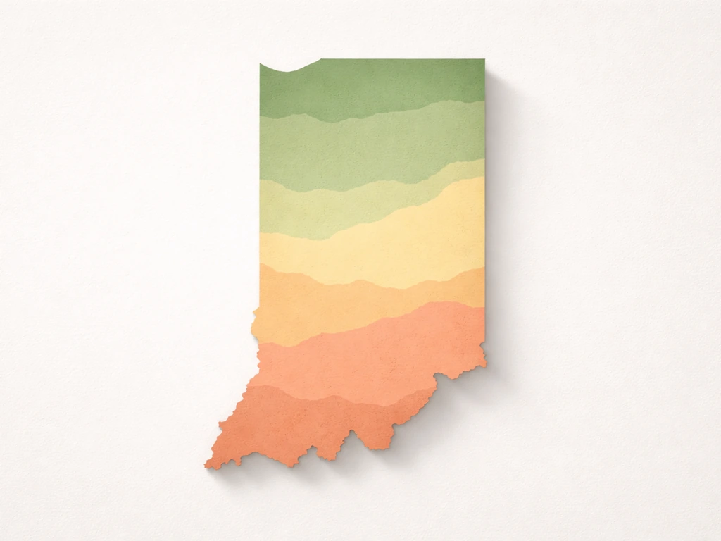 Centered Indiana silhouette with color-banded areas indicating USDA hardiness zones 5b to 7a.