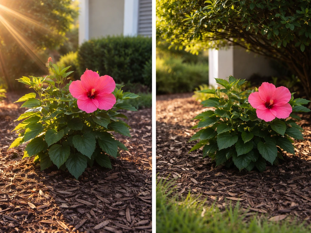 Morning sun hibiscus beside a light-shaded hibiscus to show sun exposure differences in Indiana gardens.