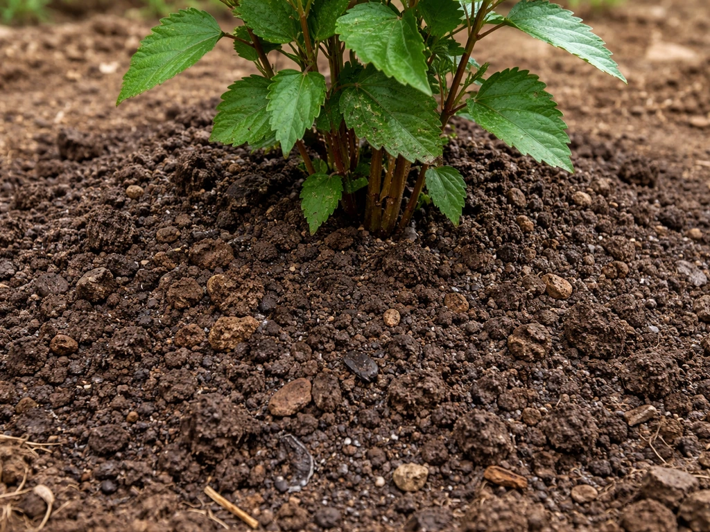 Close-up of crumbly well-drained hibiscus planting soil with a young plant base and moist, aerated earth.