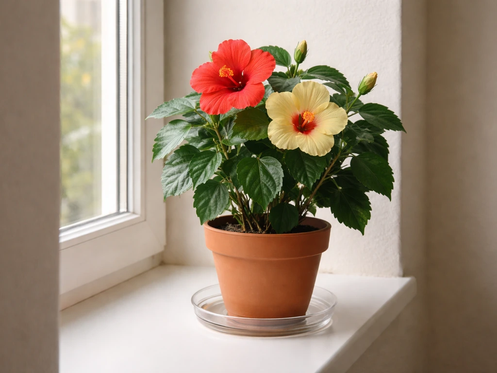 Tropical hibiscus in a pot on a bright windowsill with a visible saucer and reduced watering setup.