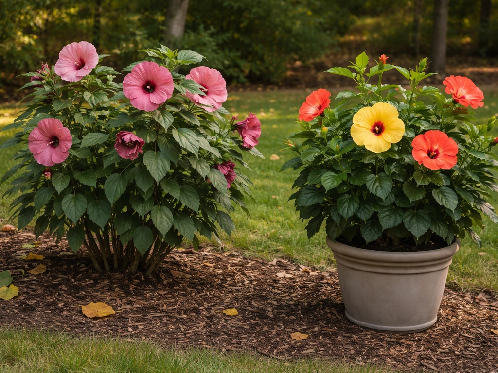 Hardy and tropical hibiscus plants side-by-side in a New England garden, showcasing contrasting blooms and leaves.
