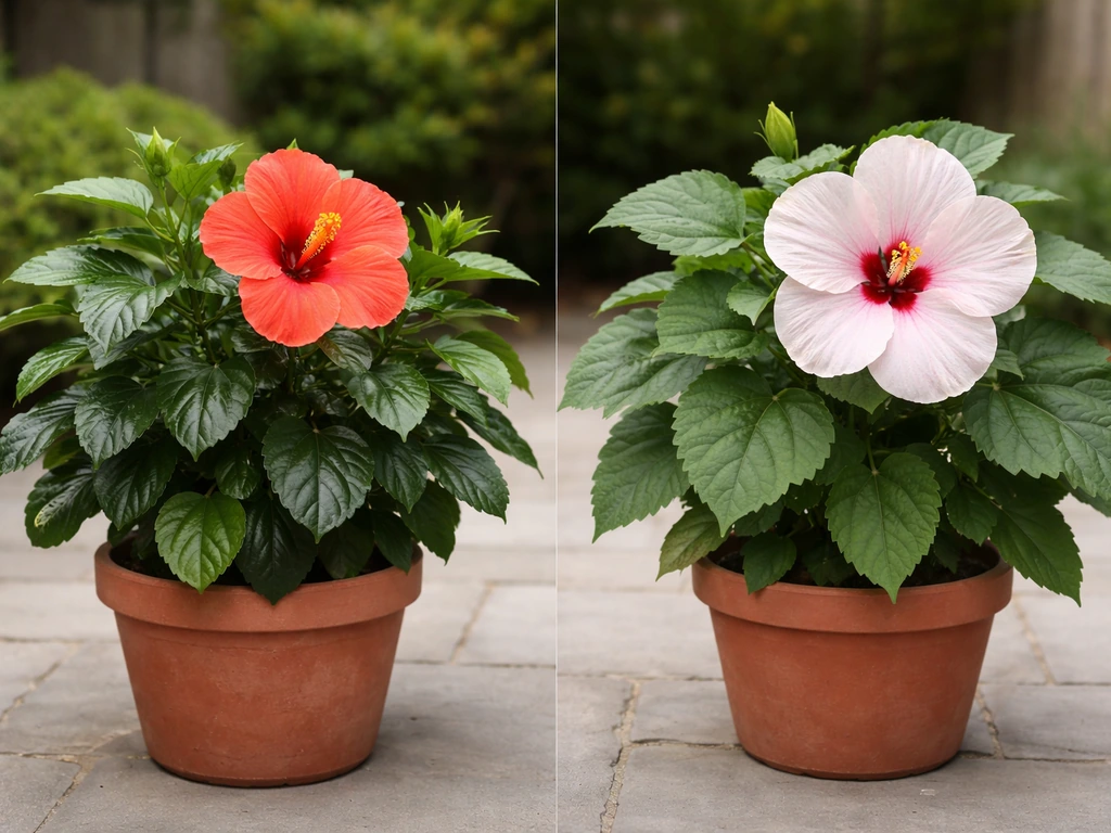 Two hibiscus plants in pots side-by-side showing glossy tropical leaves vs hardy hibiscus form and blooms.