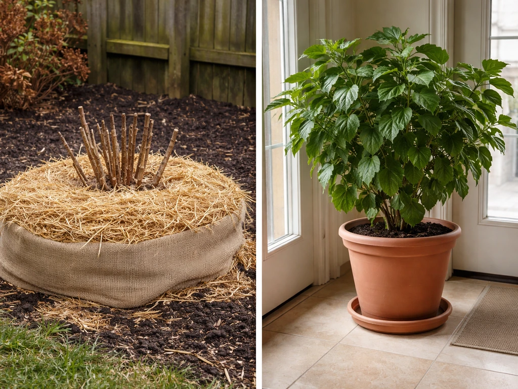 Two hibiscus overwintering scenes: hardy plant mulched in-ground, tropical hibiscus in a sheltered container indoors.