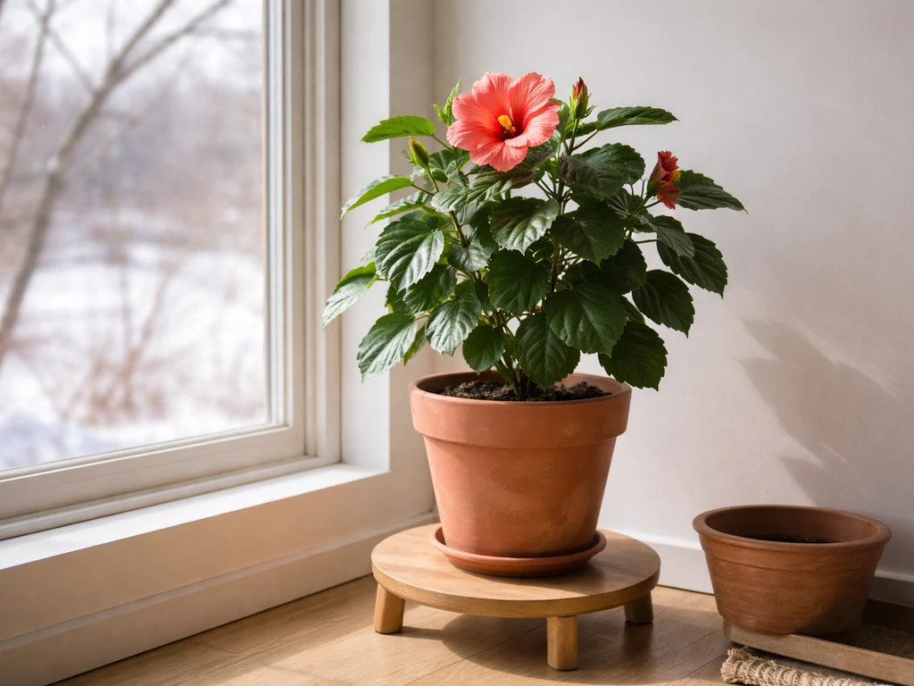 Potted tropical hibiscus indoors by a bright window in winter, with soft morning light on leaves