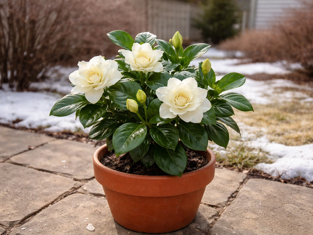 Blooming gardenia in a pot on a Canadian patio with light frost for a thriving-in-CAN message.