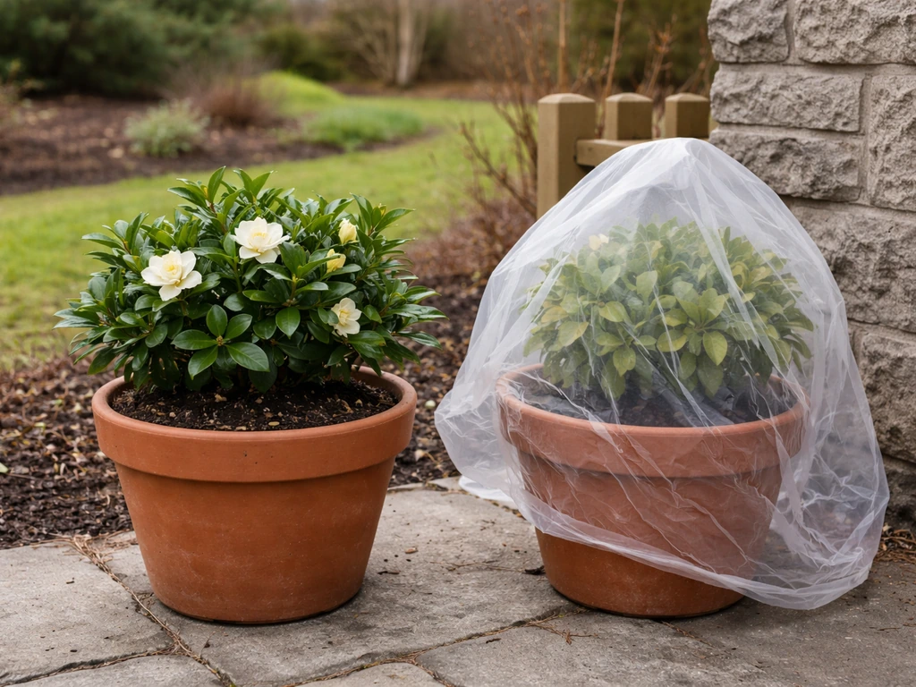 Two potted gardenia shrubs on a patio, one thriving, one partially protected for cold tolerance comparison.