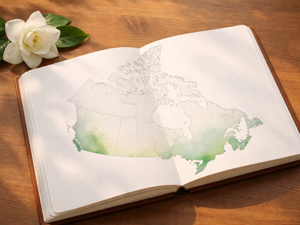 Wooden table with a blank Canada hardiness-zone style map and a single gardenia flower.