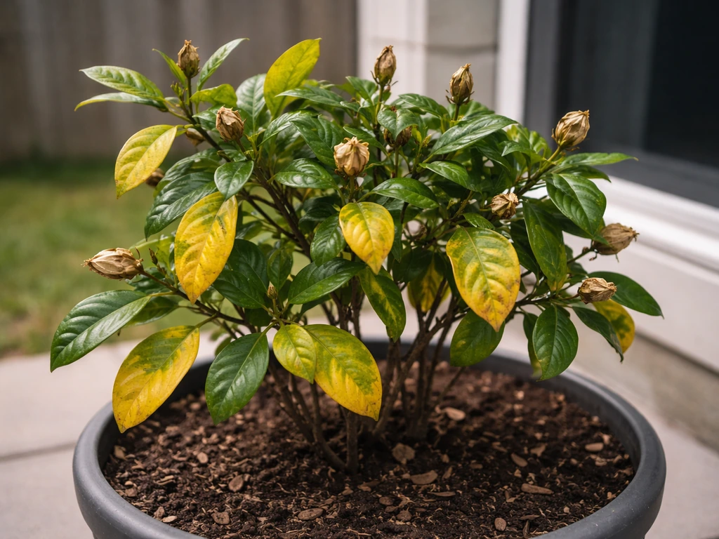 Gardenia plant with yellowing leaves and a few dropped buds on a patio near a window in Canada