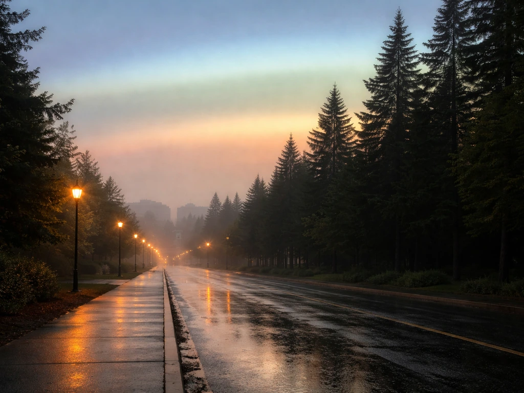 Minimal photo showing Oregon city street with subtle, out-of-focus zone band glow in the sky