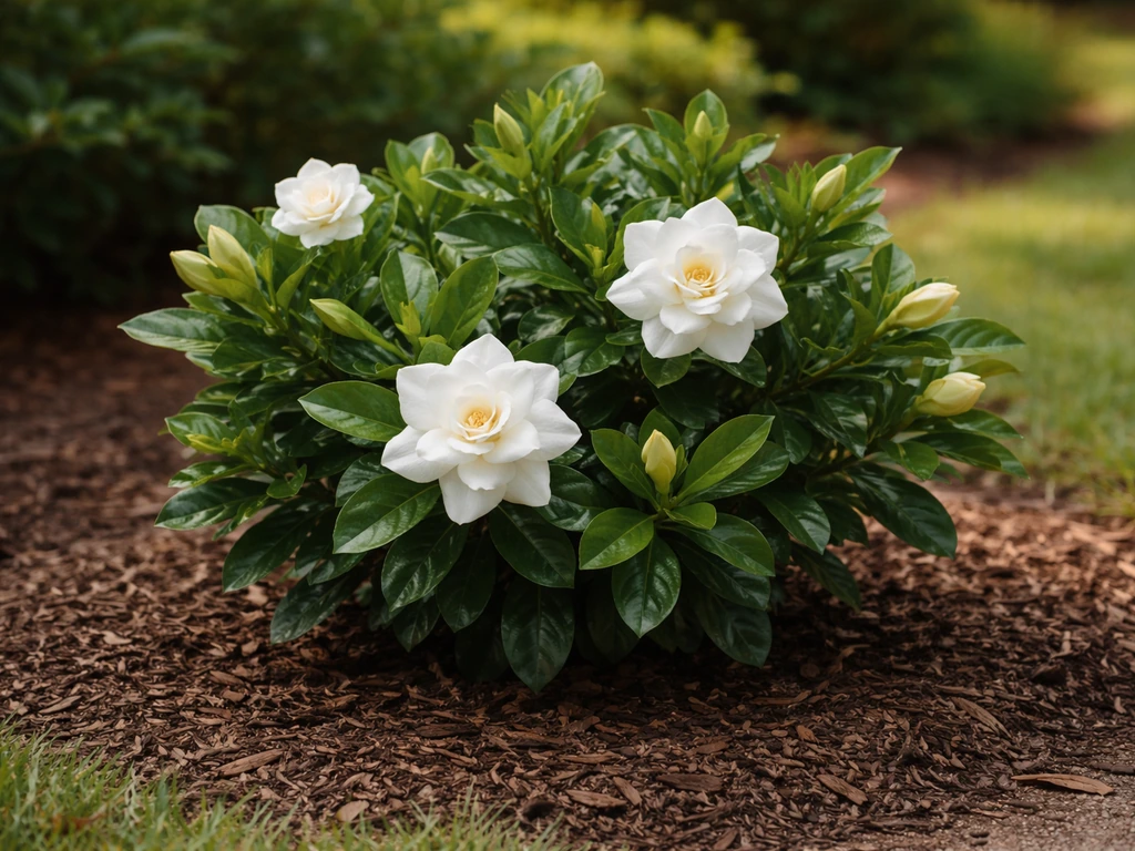 Gardenia with white blossoms in a mulched landscape bed near Portland, evergreen backdrop