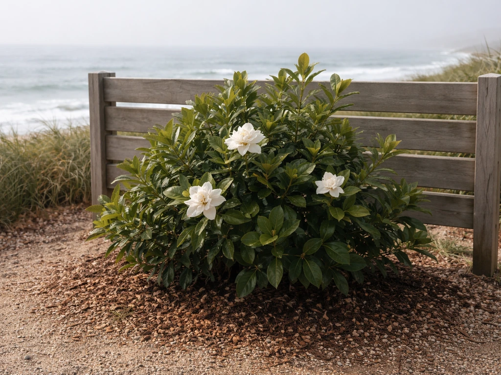 Gardenia shrub in coastal garden behind a simple windbreak screen, leaves showing salt-wind stress