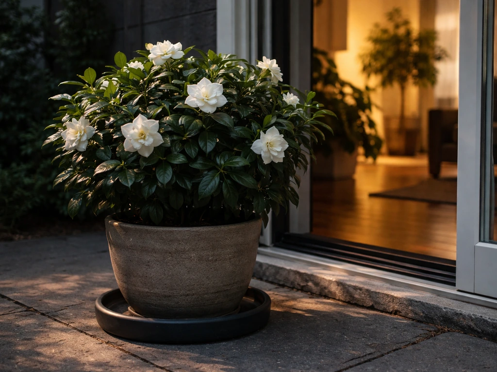 Large potted gardenia on a patio with saucer, positioned near an open doorway for winter transition