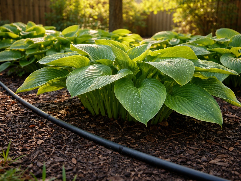 Lush hostas in a mulched shaded Texas garden bed with a drip irrigation line nearby.