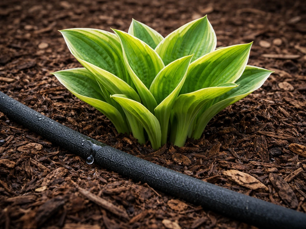 Close-up hosta base in thick mulch with a soaker/drip line watering setup on dark soil