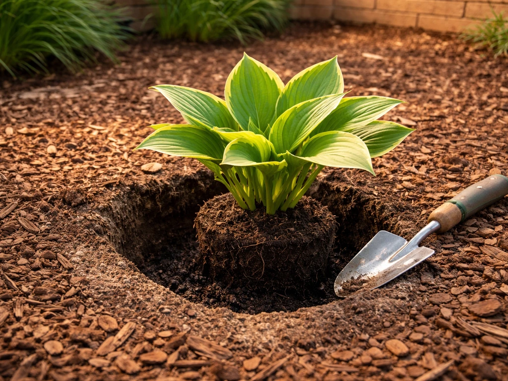 A hosta being set into a prepared hole in a mulched Texas garden bed with soil amendment nearby.