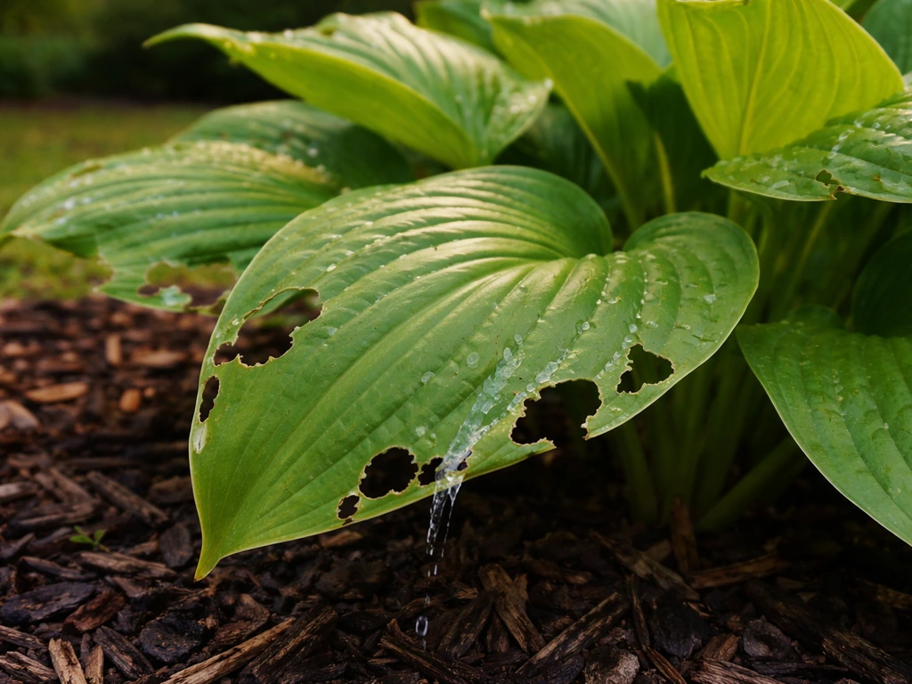 Hosta leaves with ragged slug/snail holes and faint slime trails on nearby mulch.