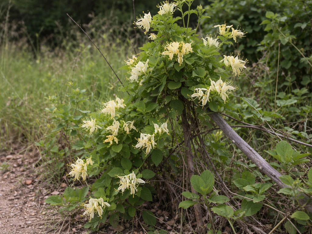 Honeysuckle vine climbing through mixed garden and wild vegetation, suggesting it grows across many US regions.