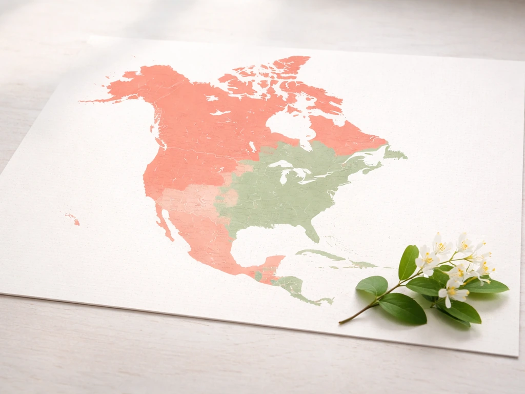 Minimal photo of a North America map with subtle native vs introduced honeysuckle regions highlighted