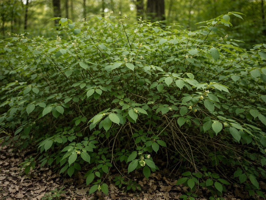 Close-up of invasive honeysuckle bush leaves in a shaded woodland understory with soft background blur.