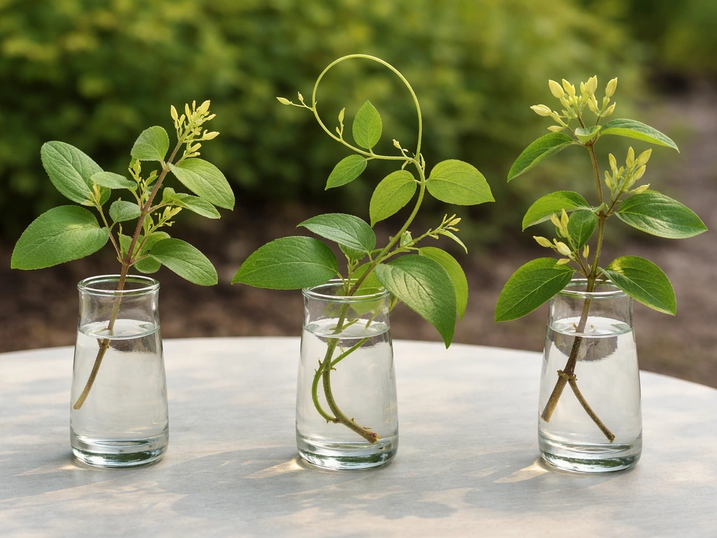 Close-up of three different honeysuckle sprigs showing varied leaf forms in clear vases on a garden table.