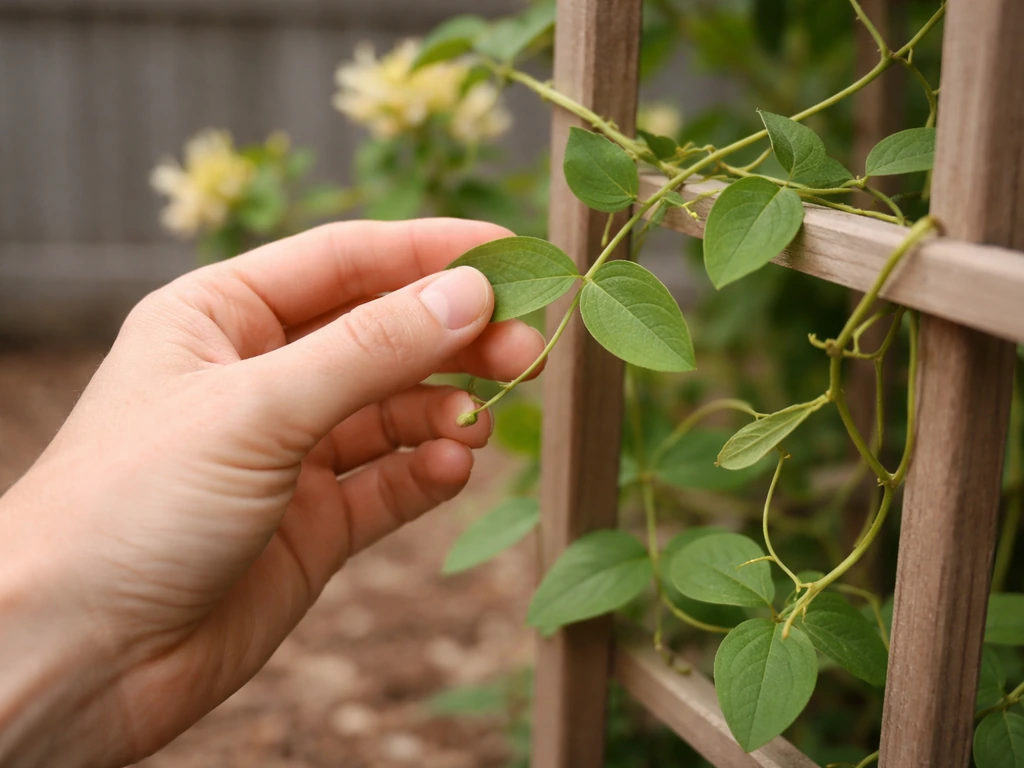 Close-up of a person’s hand examining honeysuckle leaves and vine tendrils on a garden trellis