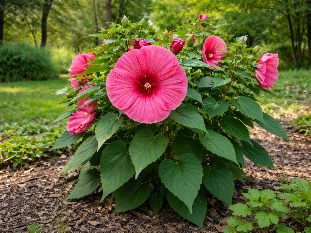 Vibrant hibiscus blooms in an Ohio garden with lush foliage and a temperate landscape backdrop.