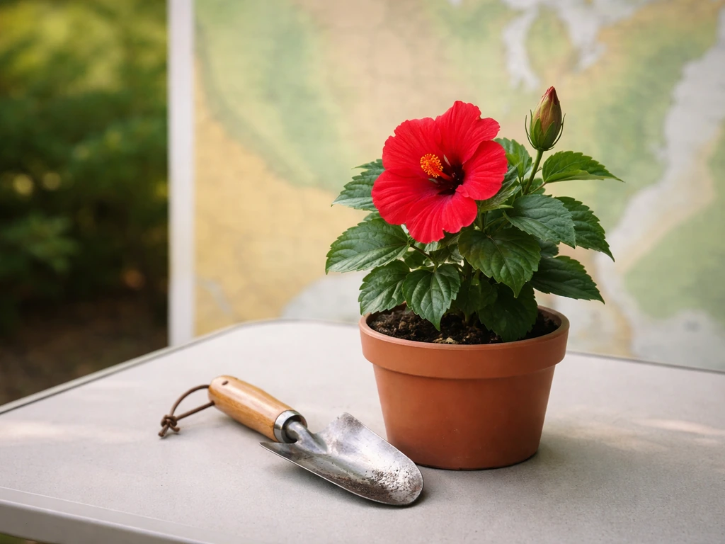 Minimal photo of a gardening trowel beside a simple hardiness-zone style map background and hibiscus blooms