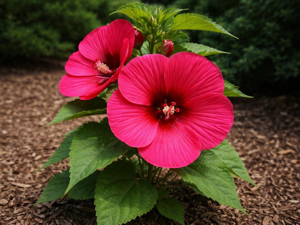 Close-up of large dinner-plate style hardy hibiscus blooms in an Ohio garden bed