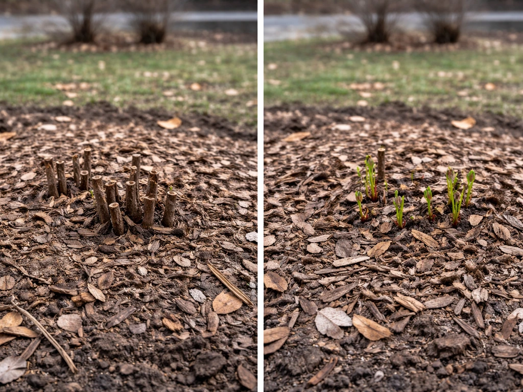 Garden bed showing hardy hibiscus cut back under mulch with new spring shoots emerging.