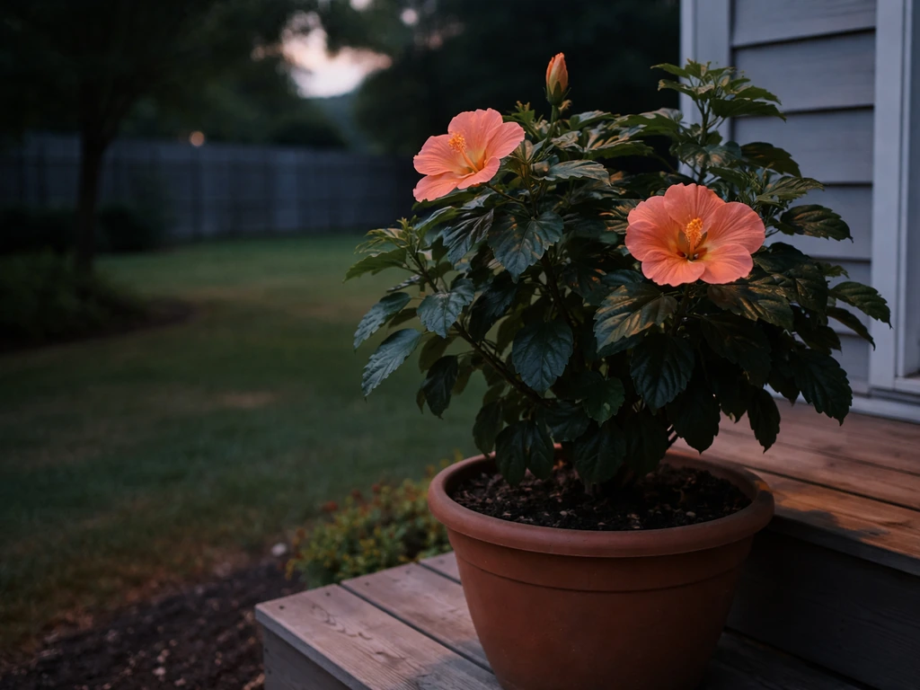 Tropical hibiscus in a pot on a patio at late summer dusk, hinting it’s time to move indoors.