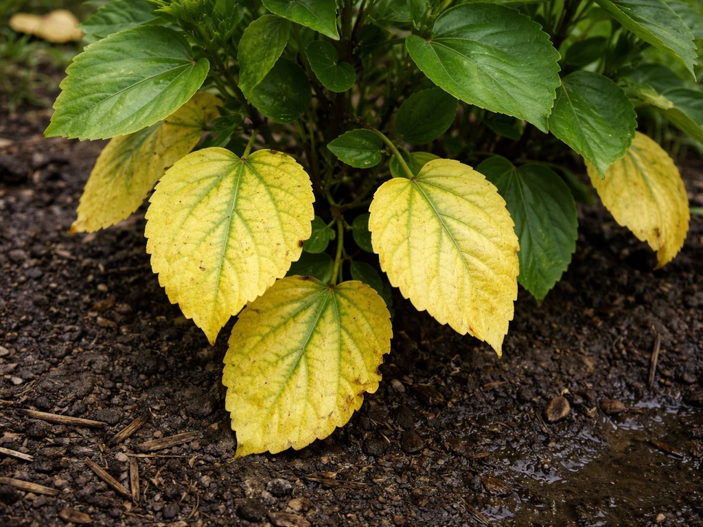 Yellowing hibiscus leaves in a damp Ohio garden bed, showing pale chlorosis on leaves.