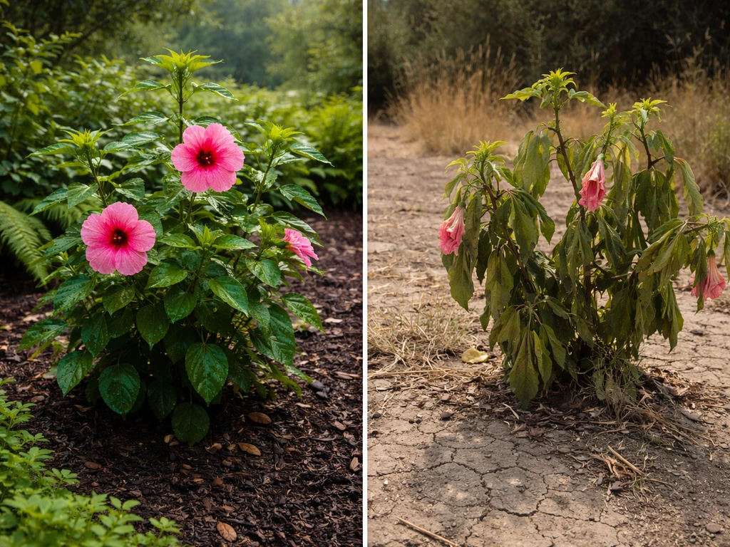 Split view of a lush Puget Sound garden bed and a dry Eastern Washington yard affecting hibiscus growth.