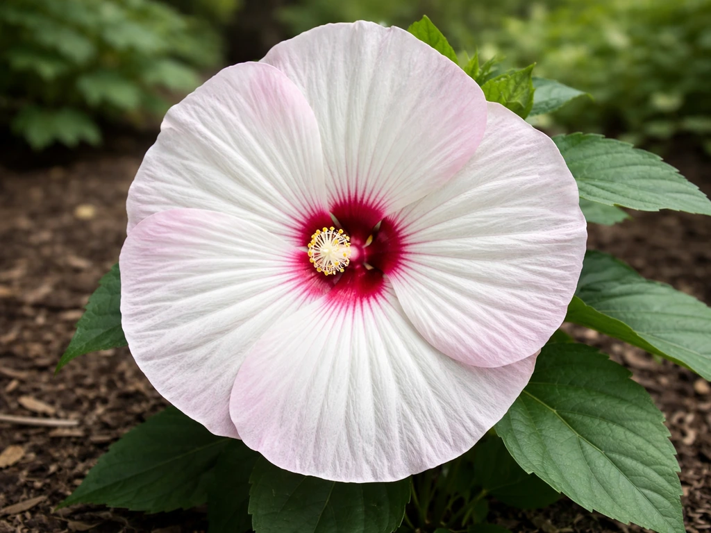 Close-up of a blooming hardy hibiscus in a garden bed with green leaves and soft background blur.