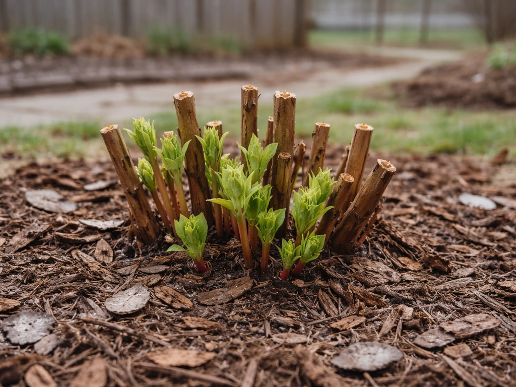 Hardy hibiscus in a Washington garden bed with winter mulch, early spring regrowth after frost