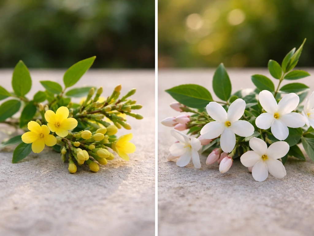 Close-up of two jasmine blooms side by side, showing different flower shapes and seasonal traits.