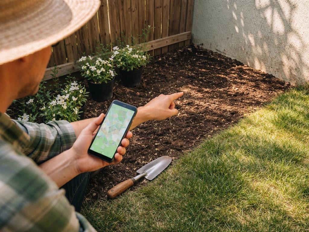 Gardener in a simple yard points to a sheltered spot near a wall for placing jasmine.