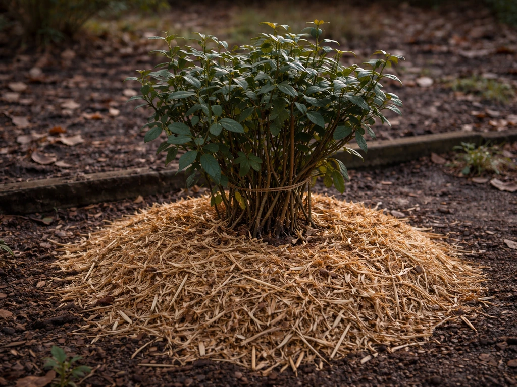 Late-fall jasmine shrub with straw and wood-chip mulch mounded over the root zone for winter protection