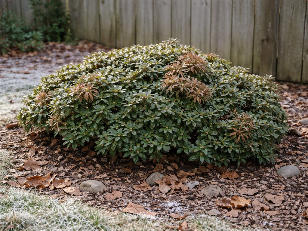 Evergreen azalea shrub with winter browning in a sheltered garden bed near mulch and stones
