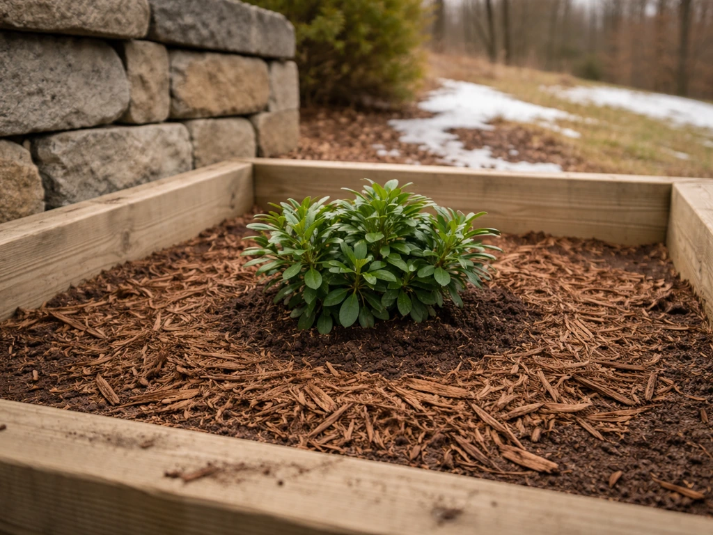 Azalea planted in a mulched raised bed near a protective wall with light winter snow in Michigan.