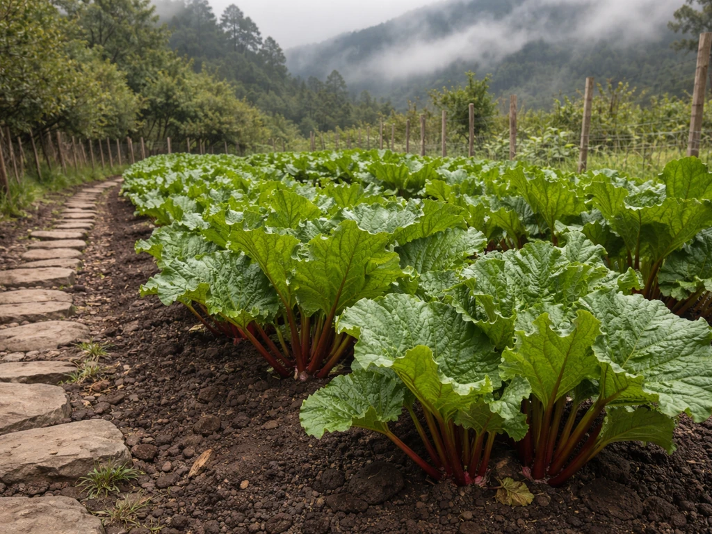 Lush rhubarb plants in a cool high-altitude Mexican garden with misty mountains behind.