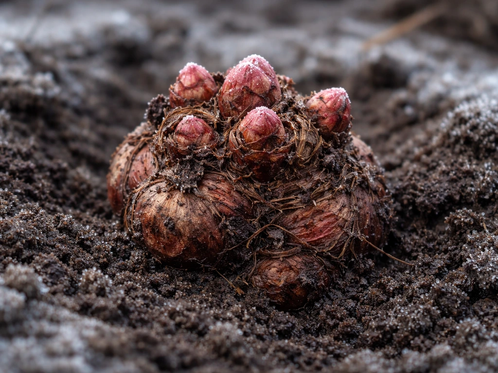 Close-up of a rhubarb crown with textured buds in cool, slightly frosted soil.