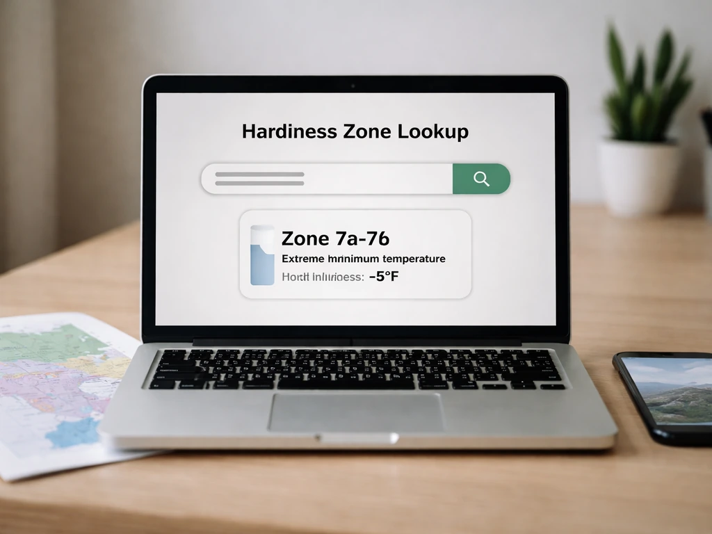 Close-up of a laptop screen showing a generic hardiness zone lookup for a specific city.