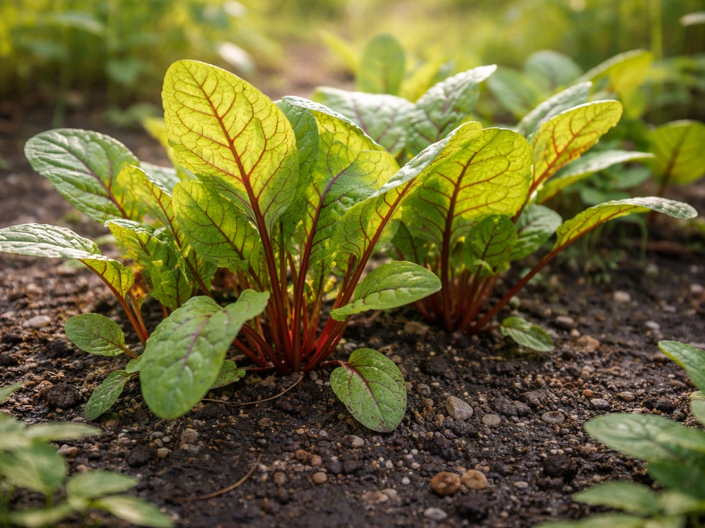 Close-up of dock-like tart green leaves growing in a simple warm-climate garden bed.