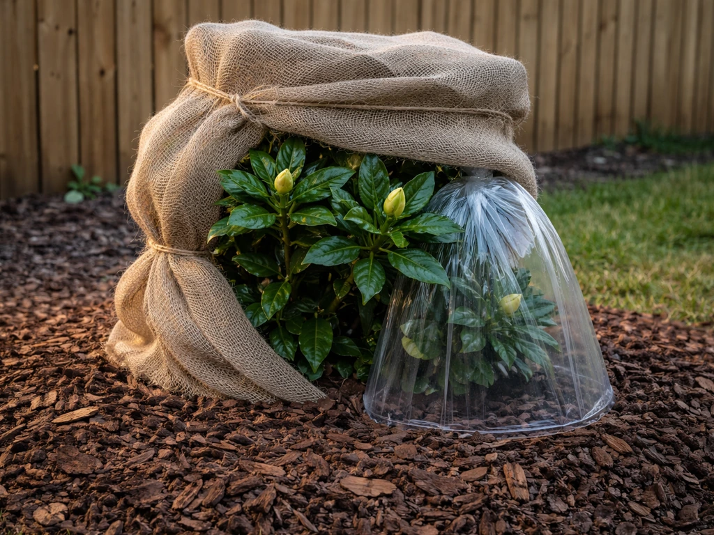 Mulched gardenia shrub wrapped for winter protection in a simple yard in Indiana.