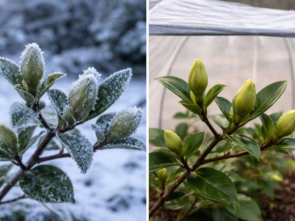 Split view of gardenia buds—left in frost, right protected under a simple covered shelter in Indiana winter.