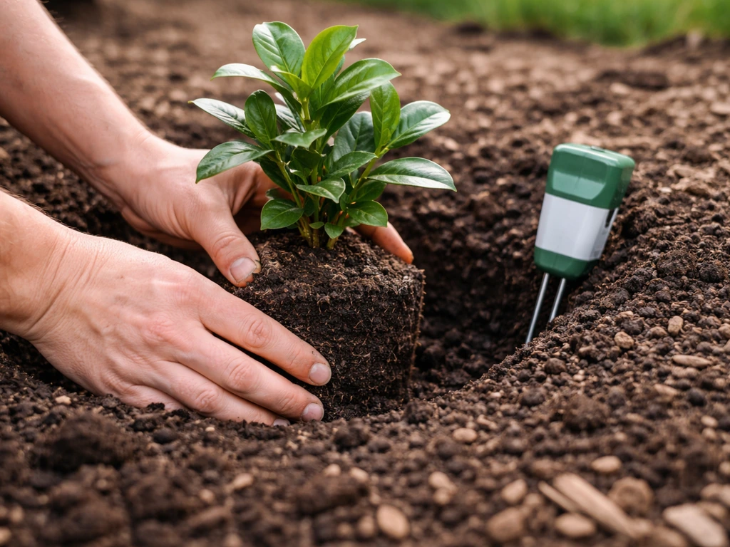 Hands planting a gardenia in a small bed of dark, amended acidic soil outdoors in spring.