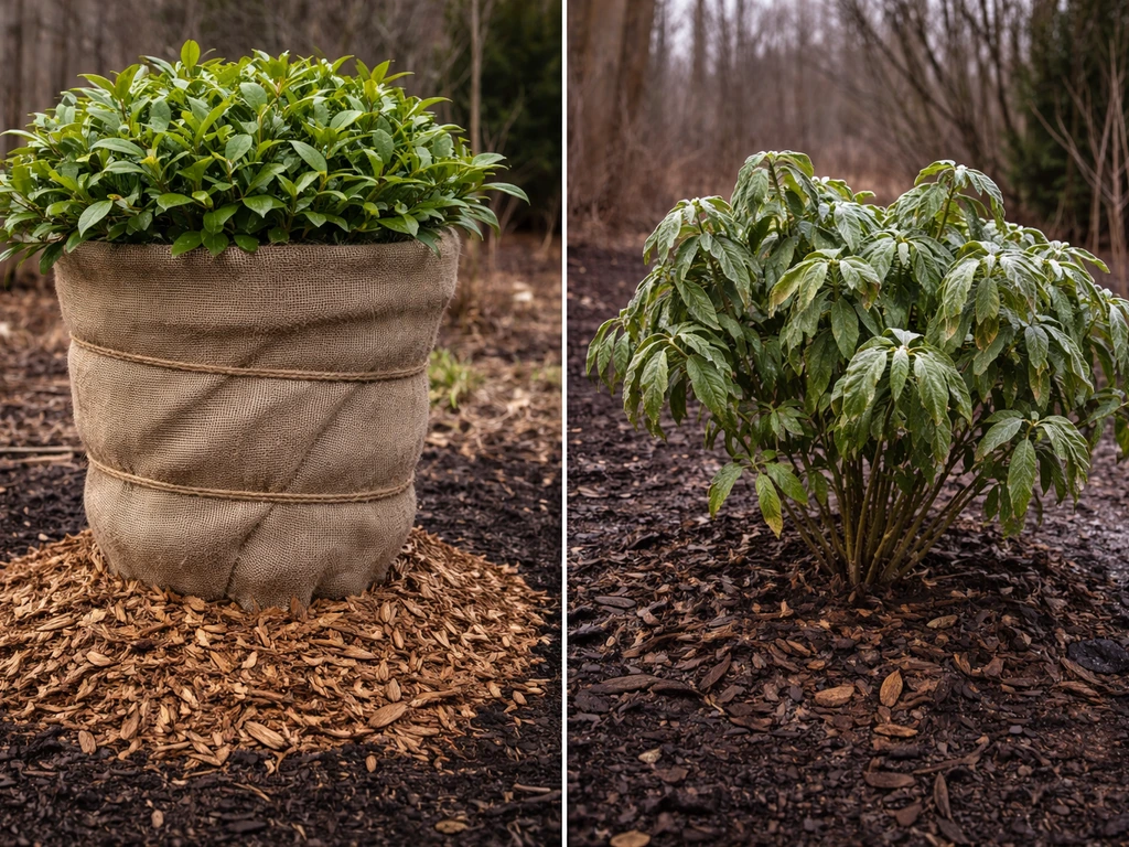 Gardenia shrubs in a backyard—one wrapped and mulched, one uncovered with frost for cold-damage contrast.