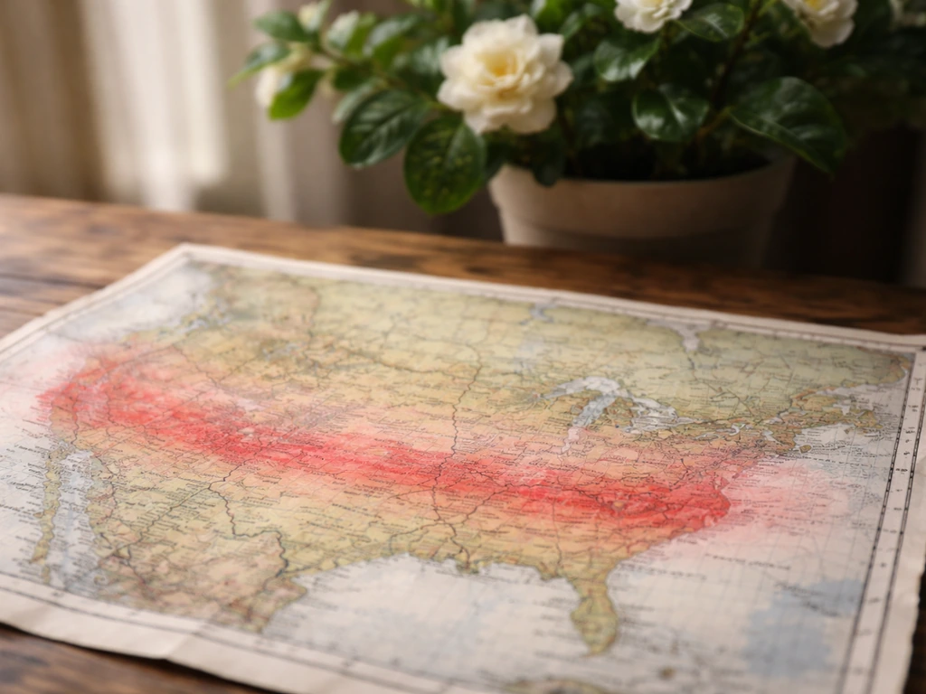 Paper map on a table with soft highlighted band and a blurred gardenia plant in the background.